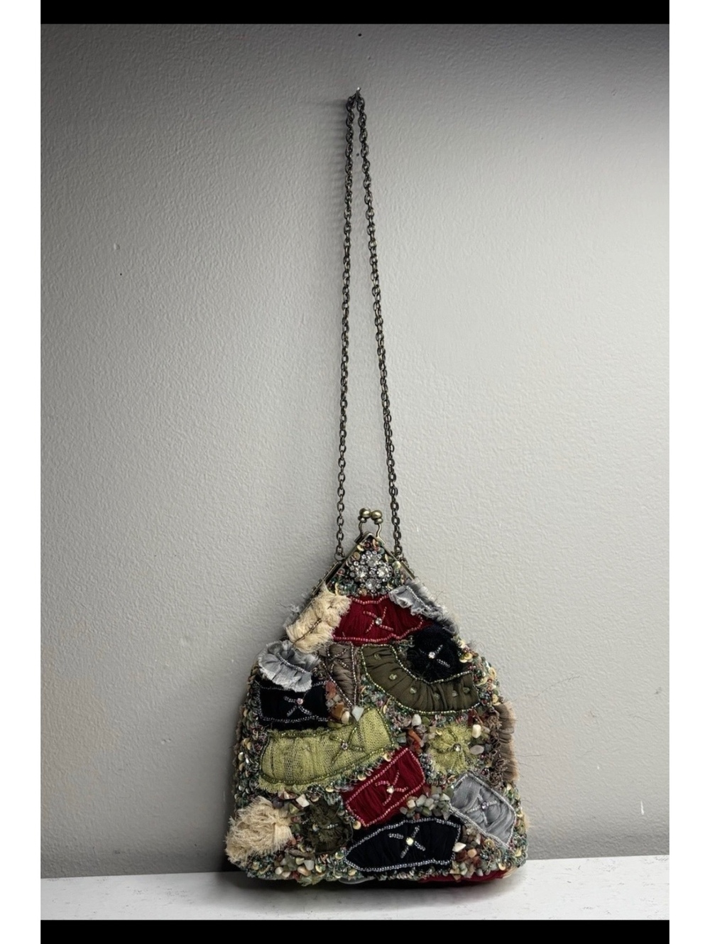 Mary Frances Mixed Media Beaded Patchwork Hobo Purse with Adjustable Strap